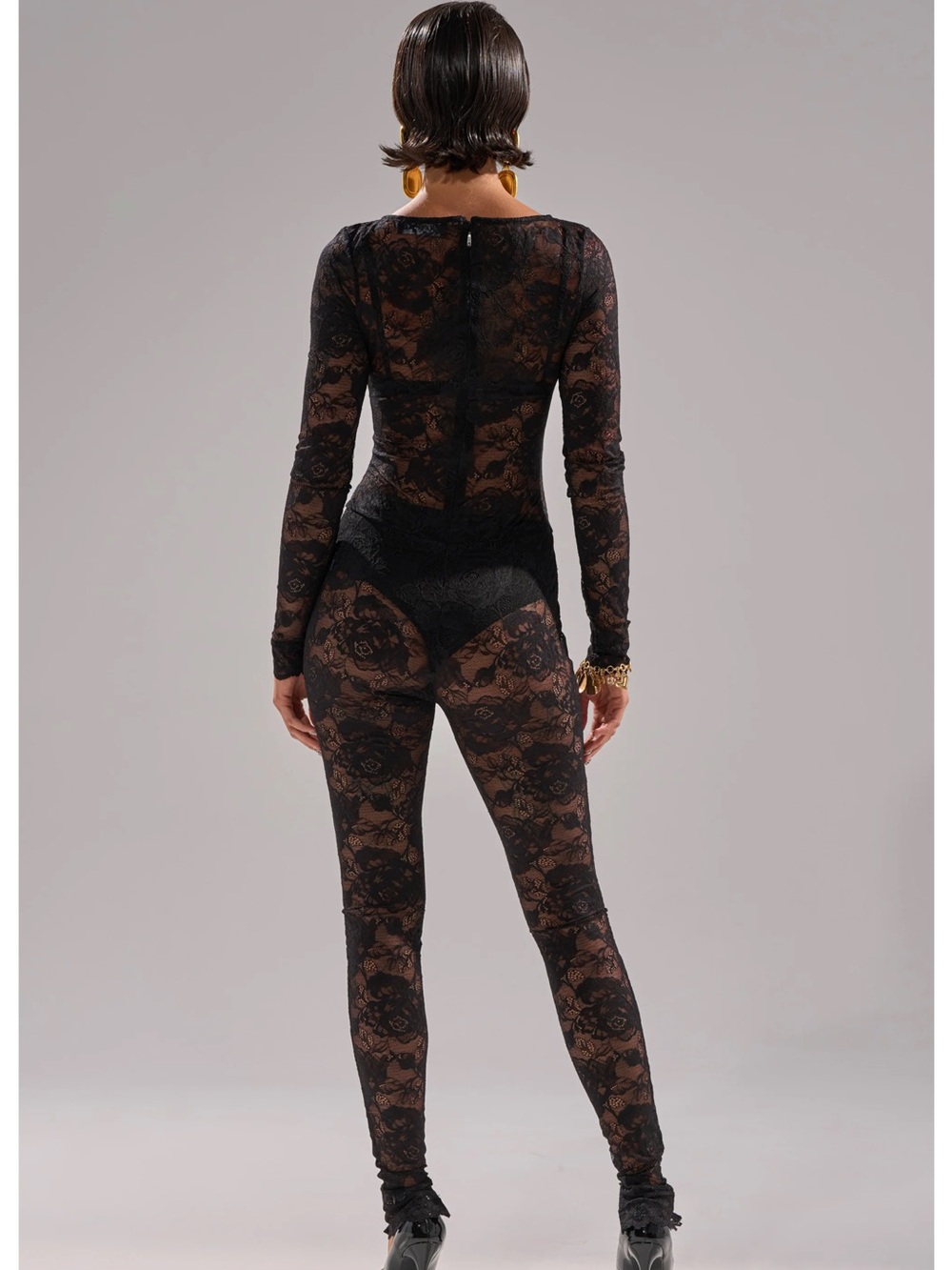 AKIRA Black Lace Bodysuit with Floral Mesh - Picture 4 of 9